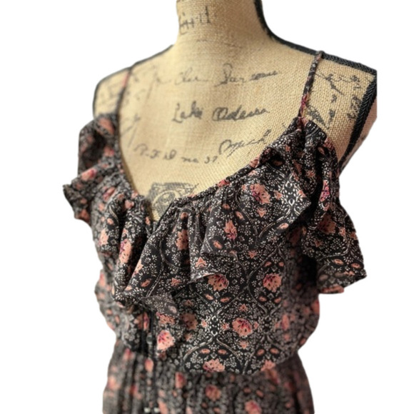 American Eagle Ditsy Floral Mini Dress XS Ruffle Neck Tassel Boho - Picture 5 of 12